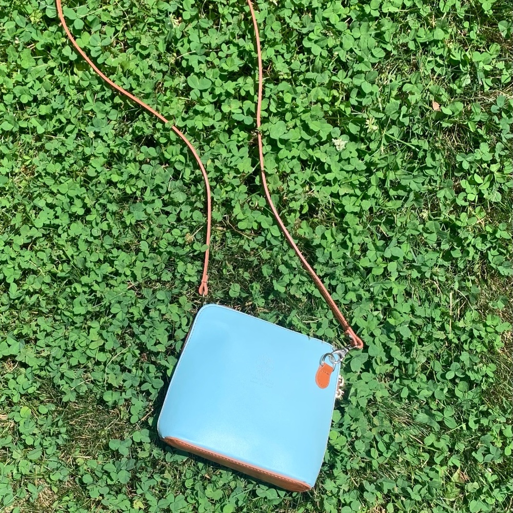 Vera Pelle Italian Leather Crossbody Purse -- Blue/Teal and Brown